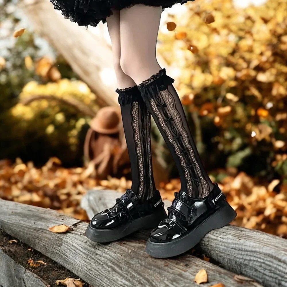 Retro Vintage Style Bow Accent Knee High Socks‎ Flirty Ruffle Trim Soft Lace